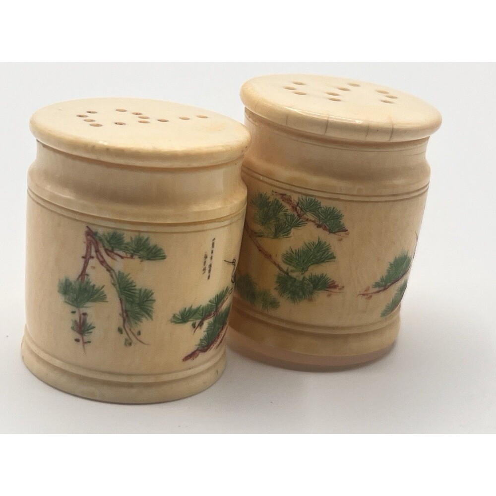 Rare 1930s Celluloid Salt & Pepper Shakers Handpainted Asian Crane Tree Motif - Picture 11 of 12
